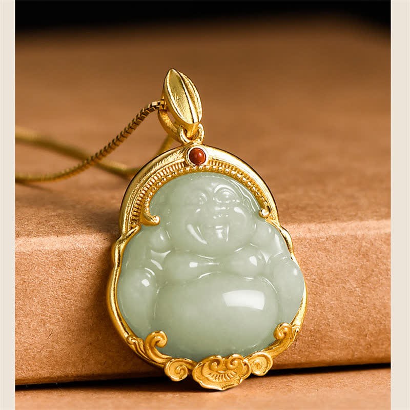 925 Sterling Silver Laughing mystic zen Natural Hetian Jade Luck Prosperity Necklace Pendant