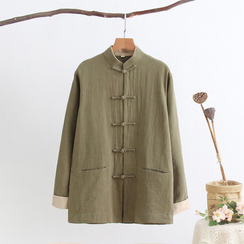 Tang Frog-Button Long Sleeve Shirt Cotton Linen Men's Clothing