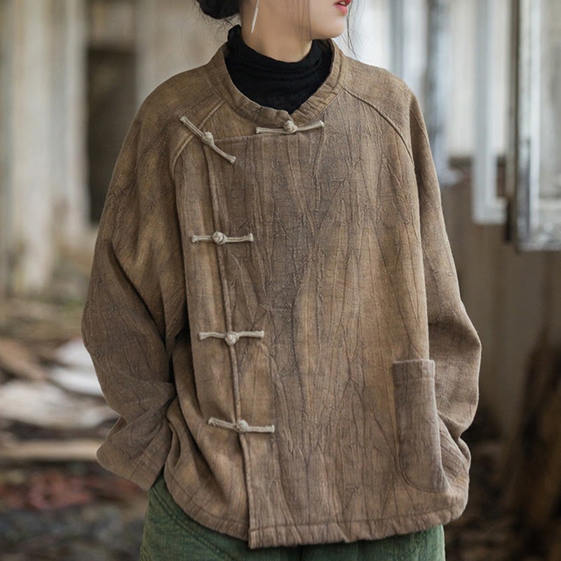 Solid Color Frog-button Thermal Long Sleeve Ramie Linen Women's Shirt