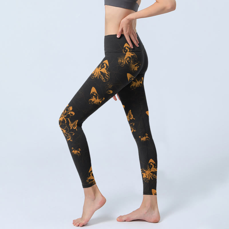 Dark Grey Butterflies Peony Flowers Print Gym Leggings Women's Yoga Pants