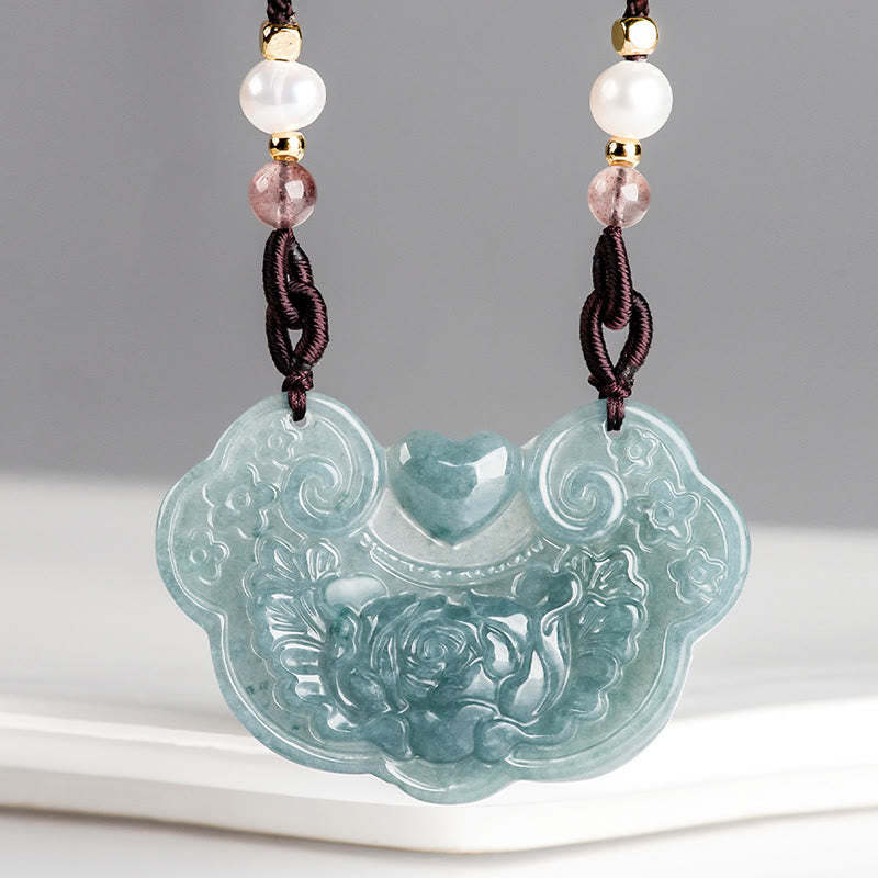 Natural Jade Peony Flower Lock of Good Wishes Prosperity Necklace Pendant