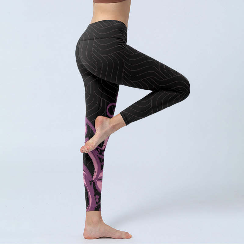 Black Pink Lotus Flower Print Gym Leggings Women's Yoga Pants