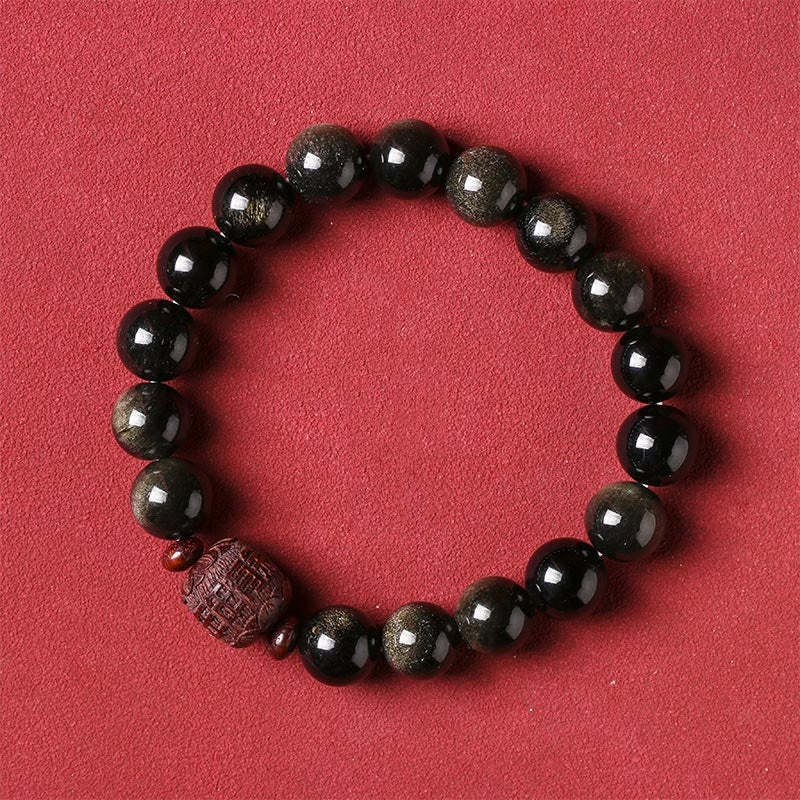 Natural Gold Sheen Obsidian Rainbow Obsidian Om Mani Padme Hum Fu Character Healing Bracelet
