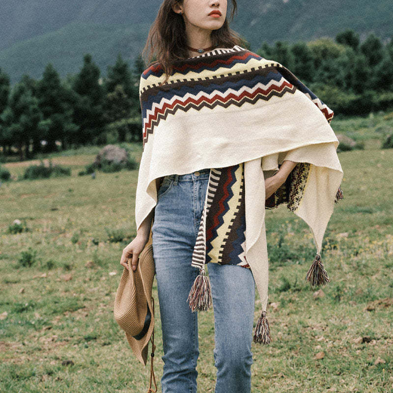 Tibetan Colorful Striped Shawl Tassels Cozy Warm Travel Scarf Wrap