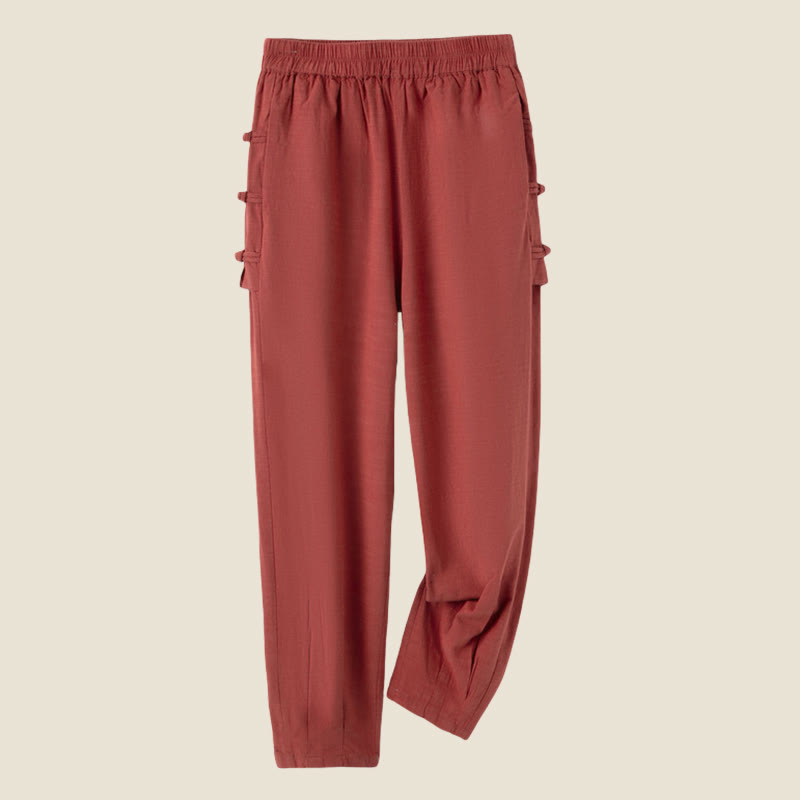 Casual Frog-button Plain Women's Cotton Linen Pants With Pockets