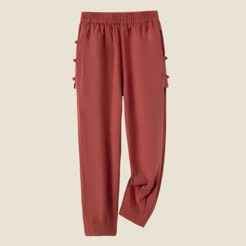 Casual Frog-button Plain Women's Cotton Linen Pants With Pockets