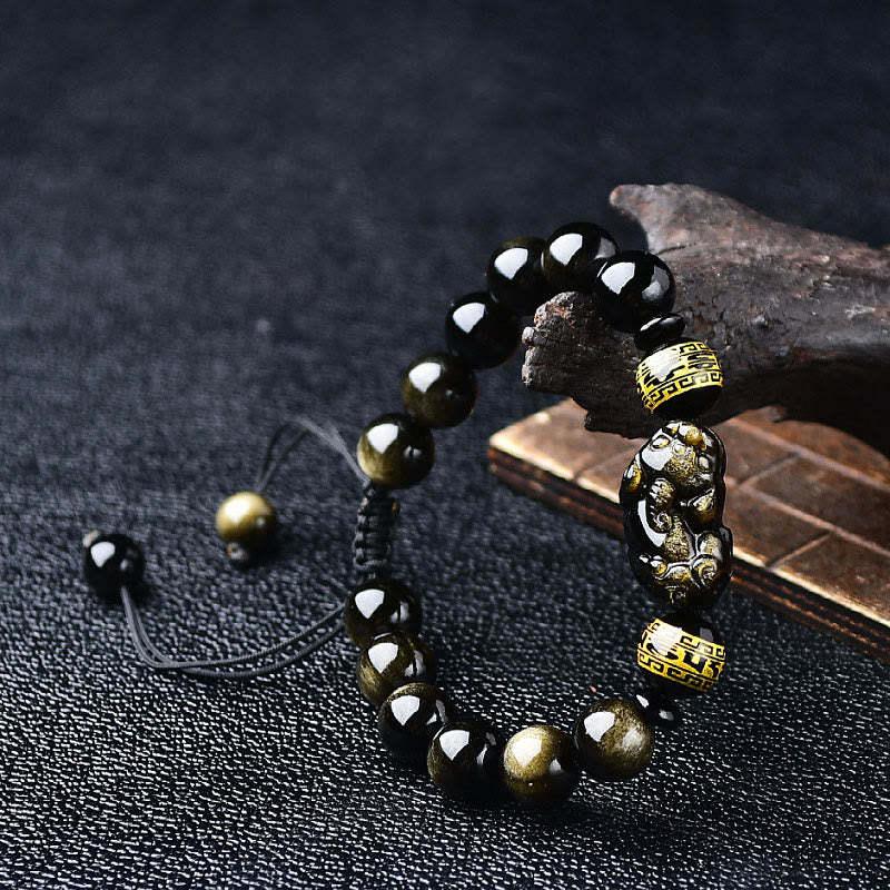 Natural Gold Sheen Obsidian PiXiu Om Mani Padme Hum Wealth Braided Bracelet