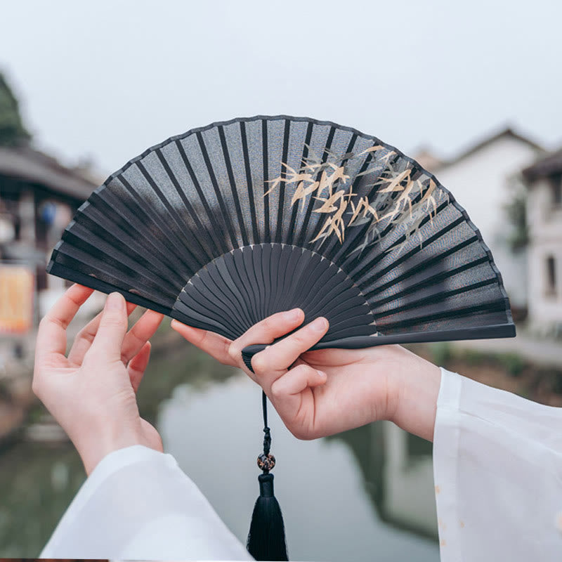 Black Bamboo Leaf Print Silk Handheld Bamboo Folding Fan
