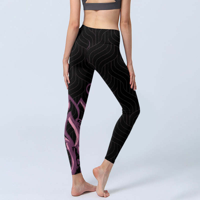 Black Pink Lotus Flower Print Gym Leggings Women's Yoga Pants