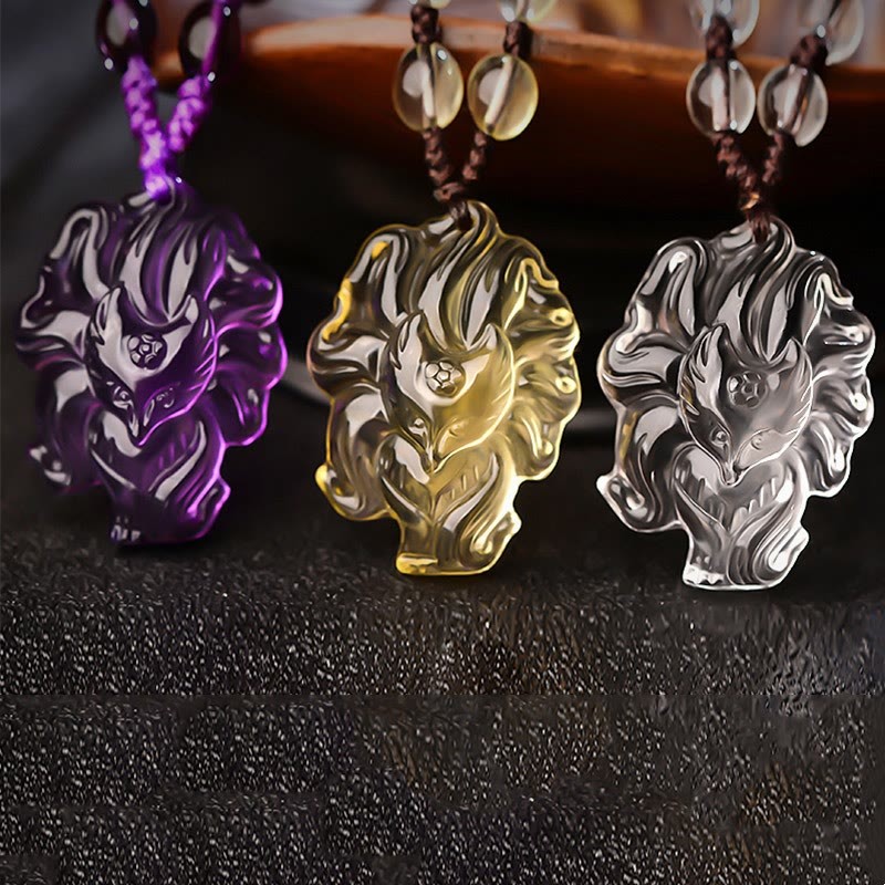 Natural Amethyst White Crystal Citrine Nine Tailed Fox Luck Necklace Pendant