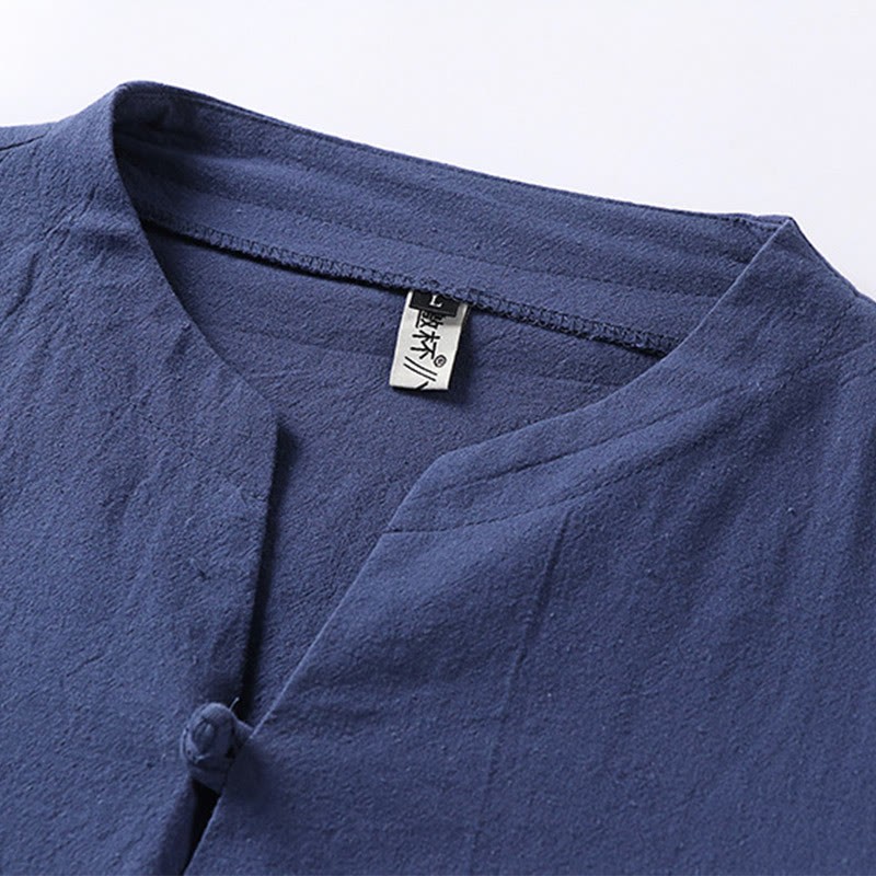 Casual Plain Color One Button Three Quarter Sleeve Cotton Linen Men's Shirt