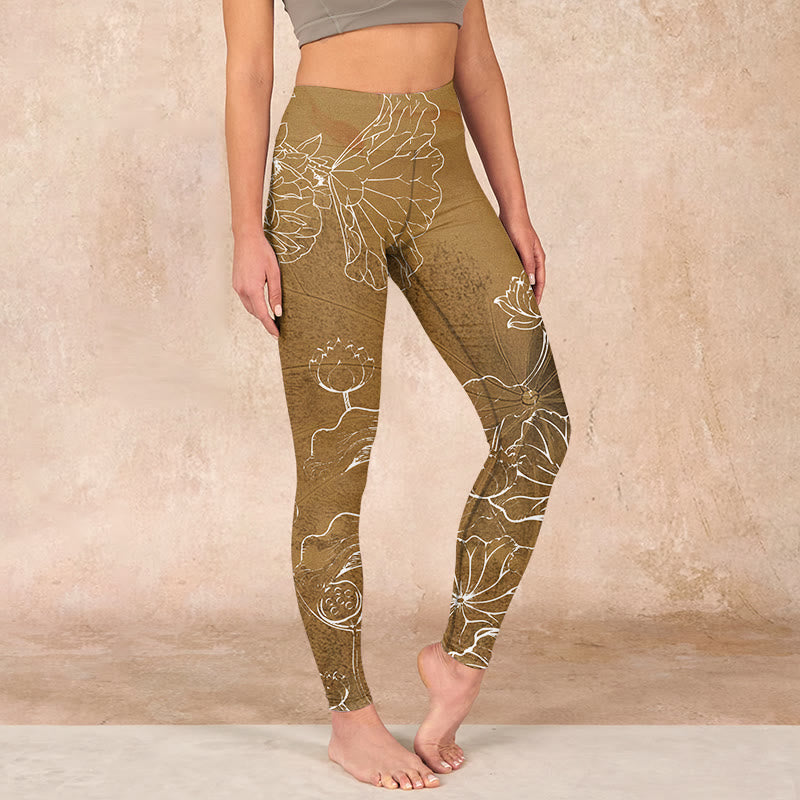 Goldenrod Lotus Flowers Leaves Print Gym Fitness Leggings Women's Yoga Pants