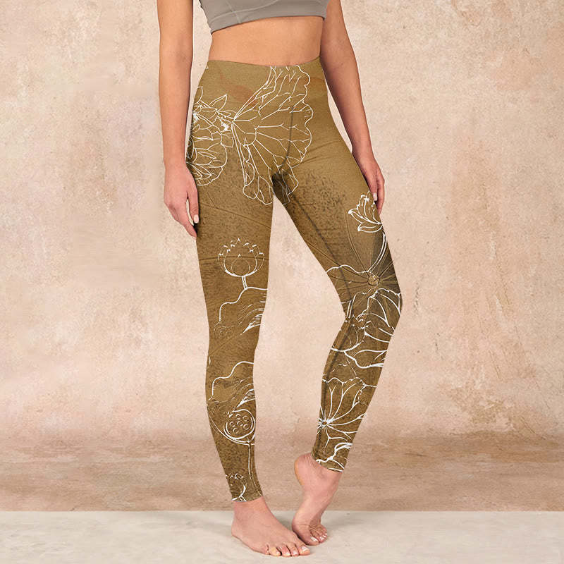 Goldenrod Lotus Flowers Leaves Print Gym Fitness Leggings Women's Yoga Pants
