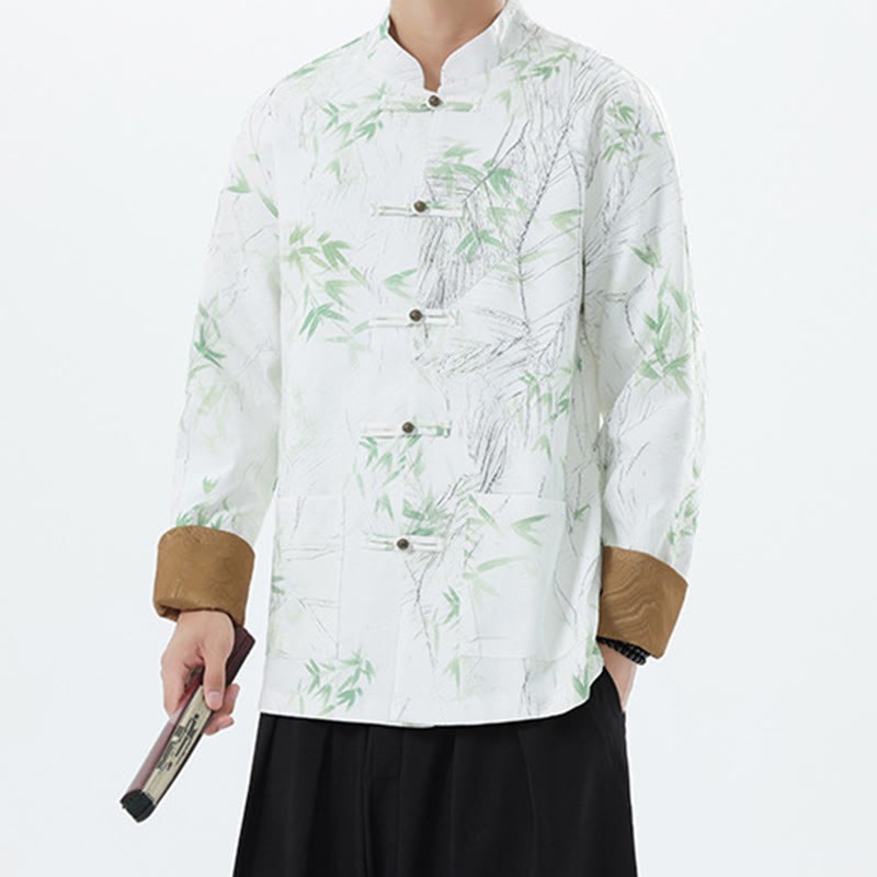 Printing Bamboo Casual Frog-button Spandex Men's Jacket Shirt Clothing