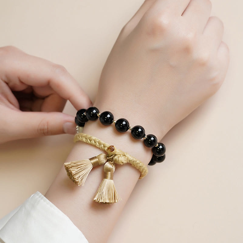 2Pcs Black Onyx Bead Support Protection String Bracelet