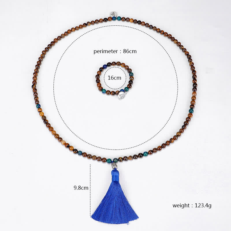 108 Mala Beads Tiger Eye mystic zen Strength Bracelet Tassel Necklace Pendant