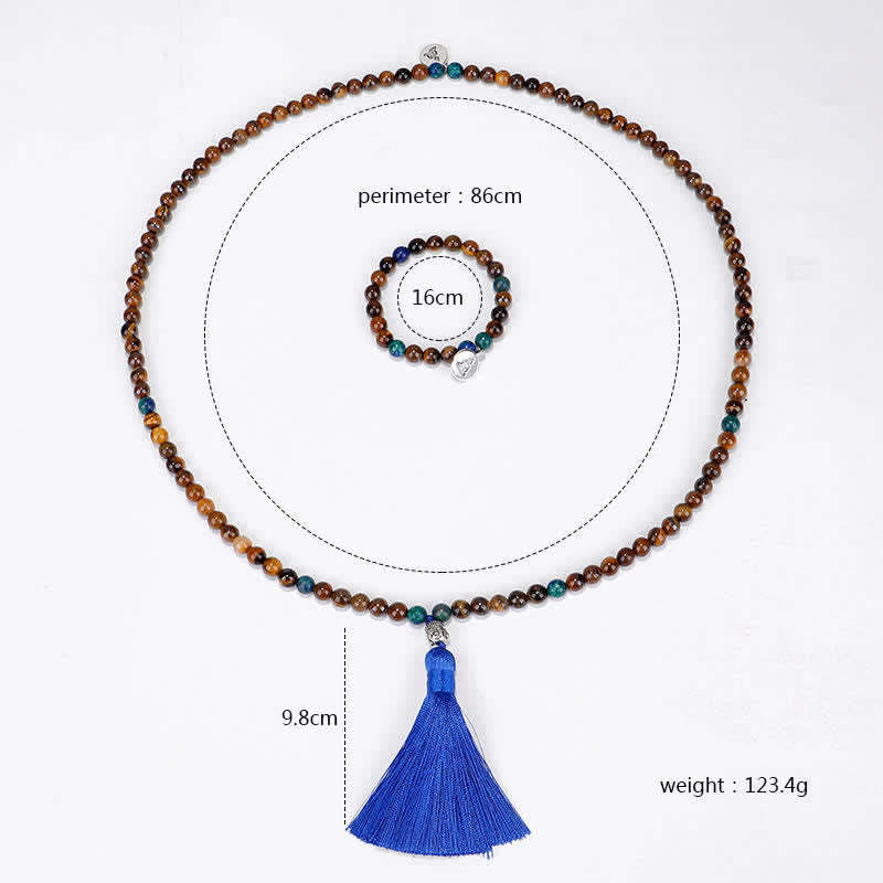 108 Mala Beads Tiger Eye mystic zen Strength Bracelet Tassel Necklace Pendant