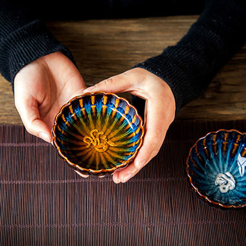 Lotus Goldfish Auspicious Dragon Phoenix Ceramic Teacup Inlaid Tea Cups 130ml