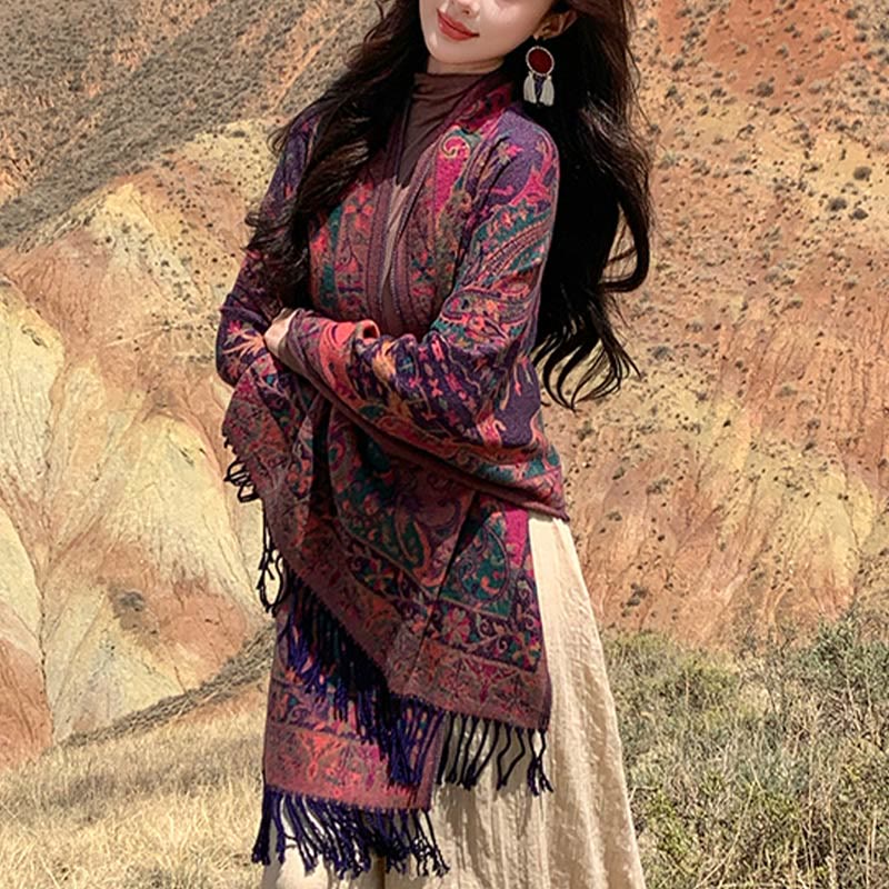 Tibetan Cashew Flowers Vine Pattern Tassels Shawl Fall Winter Soft Scarf Wrap