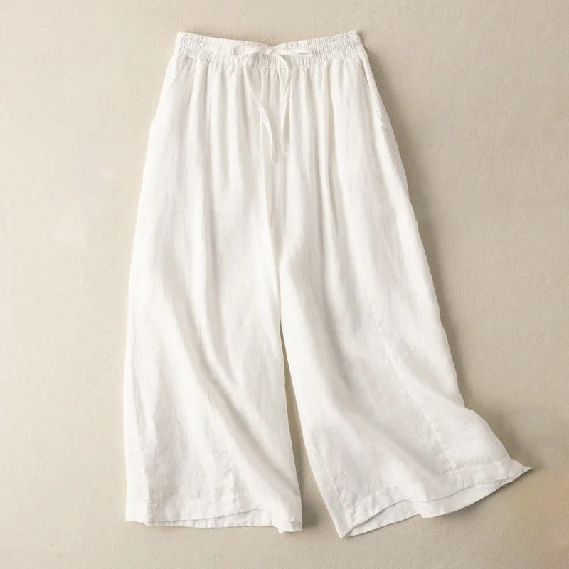 Plain Color Cropped Pants Cotton Linen Women's Wide Leg Pants With Pockets