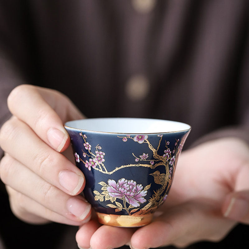 Golden Magpie Peony Flower Ceramic Teacup Kung Fu Tea Cup