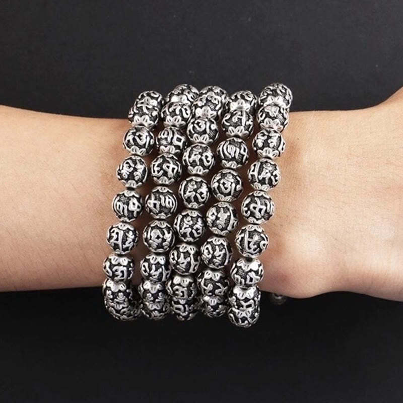 Tibetan Om Mani Padme Hum Carved Alloy Beads Amulet Bracelet (Extra 35% Off | USE CODE: FS35)