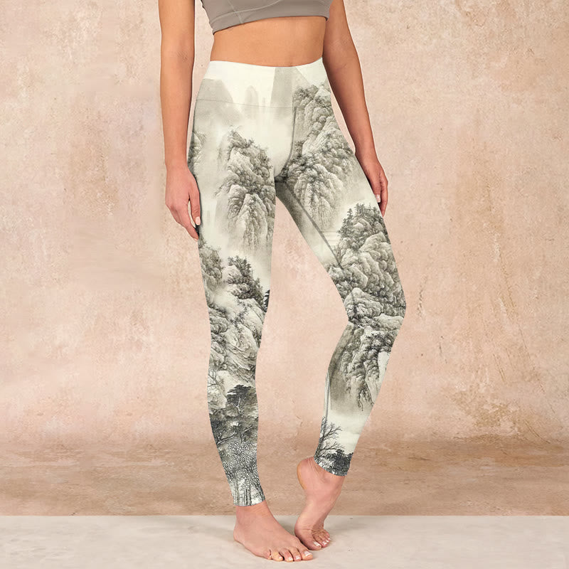 Mountain Tree River Scenery Print Sports Leggings Women's Yoga Pants