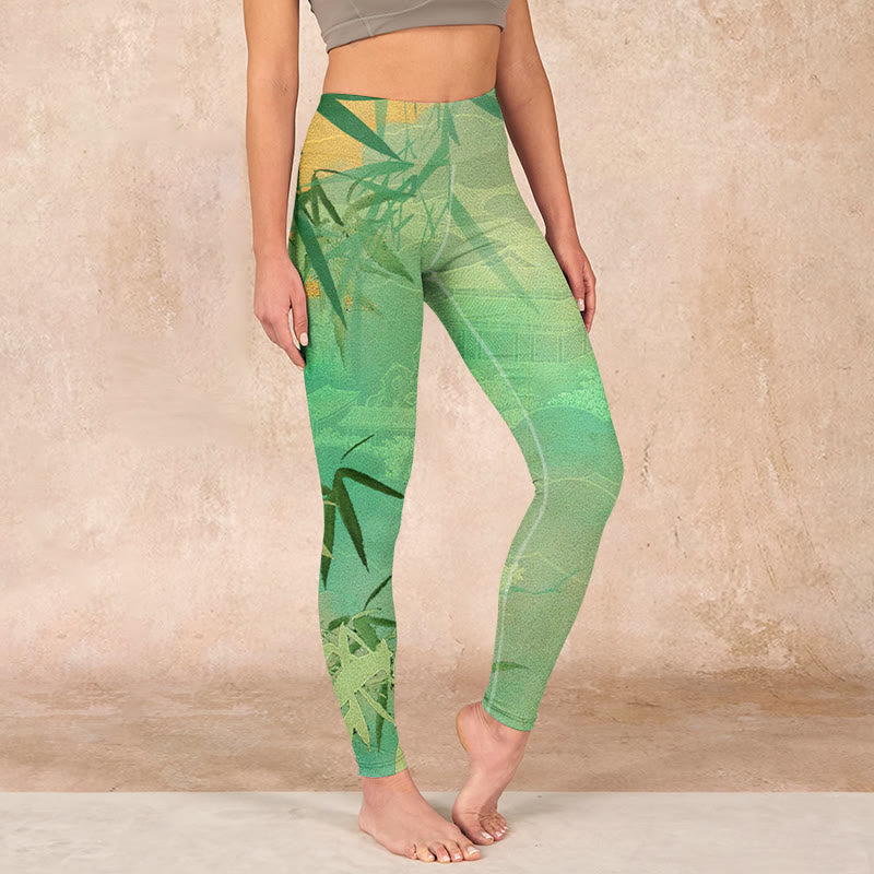 Green Bamboo Pavilion Print Gym Leggings Women's Yoga Pants