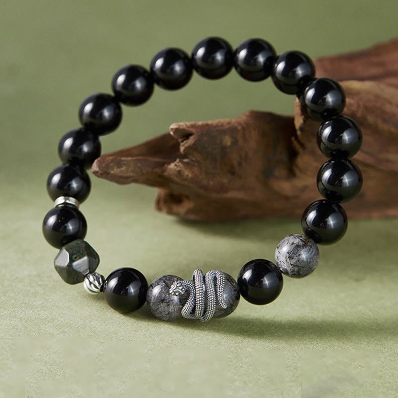 Black Obsidian Black Rutilated Quartz 925 Sterling Silver Year Of The Snake Purification Bracelet