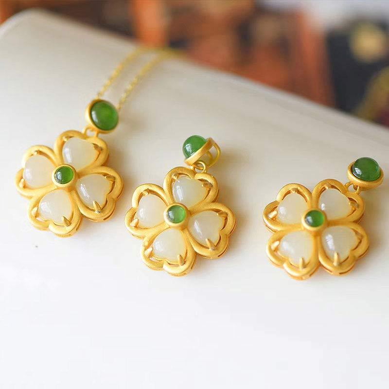 925 Sterling Silver Lucky Four Leaf Clover Jade Prosperity Necklace Chain Pendant