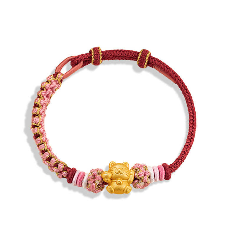 Handmade 999 Sterling Silver Fortune Cat Ingot Peach Blossom Luck?Red Rope Bracelet