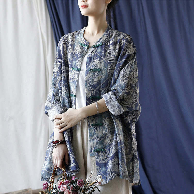 Birds Flowers Geometry Frog-Button Long Sleeve Ramie Linen Jacket Shirt