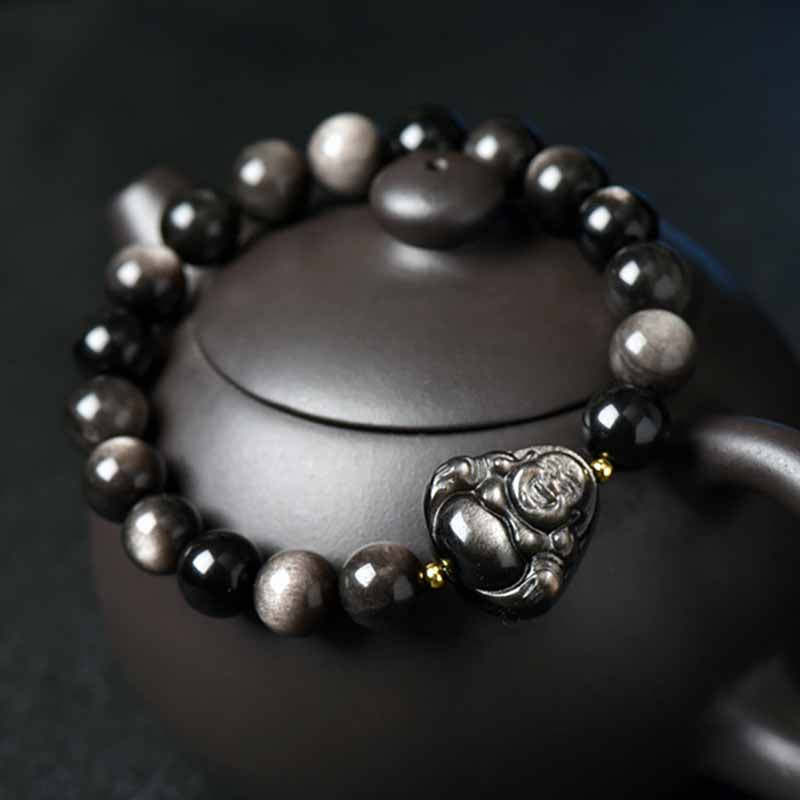 Silver Sheen Obsidian Lotus Flower Nine Tailed Fox Laughing mystic zen Protection Bracelet