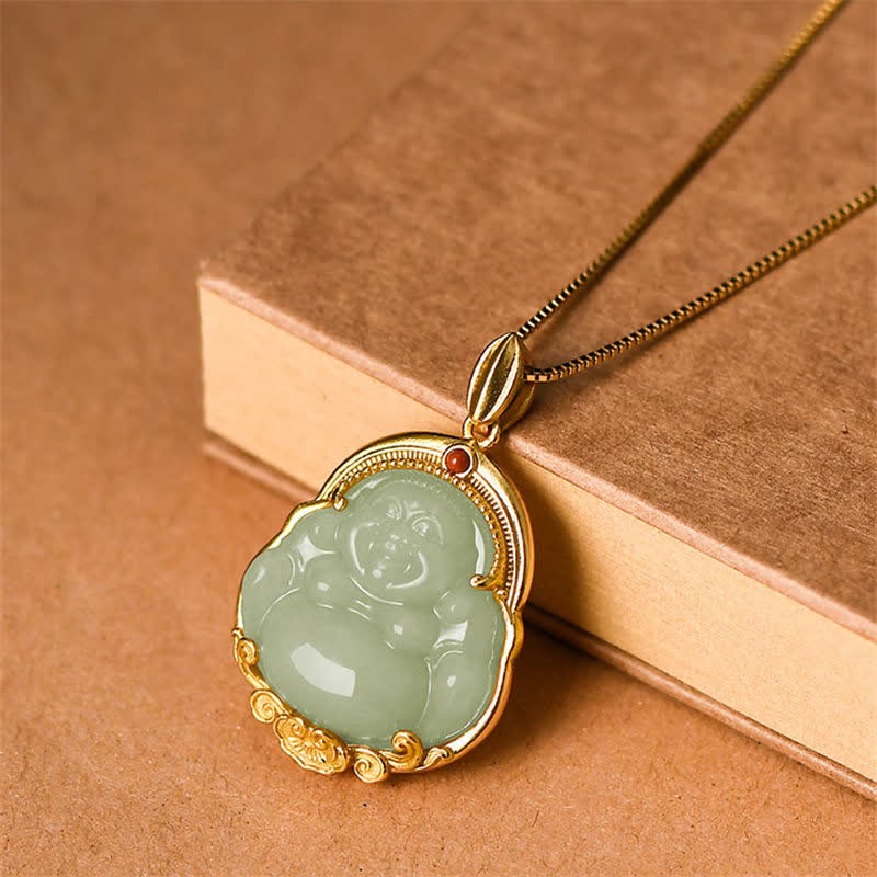 925 Sterling Silver Laughing mystic zen Natural Hetian Jade Luck Prosperity Necklace Pendant