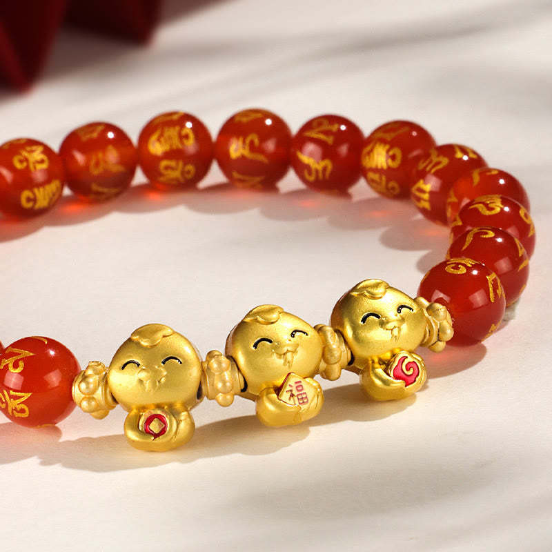 Red Agate Black Onyx Bead Copper Year Of The Snake Fu Character Om Mani Padme Hum Happiness Bracelet