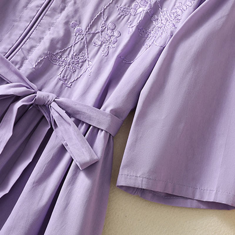 Summer Orchid Embroidery Lace-Up V-Neck Half Sleeve Cotton Linen Midi Dress With Pockets