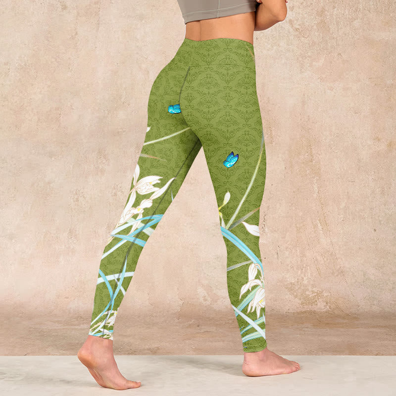 Green Butterfly Orchid Flowers Print Gym Leggings Women's Yoga Pants