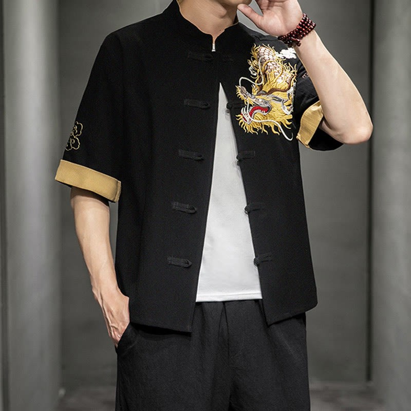 Frog-Button Chinese Dragon Auspicious Cloud Embroidery Half Sleeve Shirt Cotton Linen Men Clothing