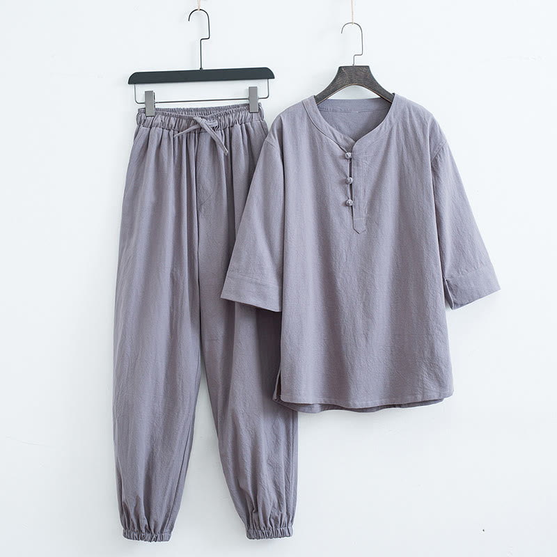 Solid Color Traditional Cotton Linen Short Sleeve T-shirt Pants Clothing Men's Set