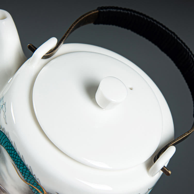 Vintage Dragon Mountain Fisherman Landscape White Porcelain Ceramic Kung Fu Teapot