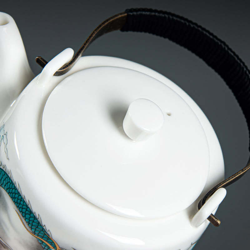 Vintage Dragon Mountain Fisherman Landscape White Porcelain Ceramic Kung Fu Teapot