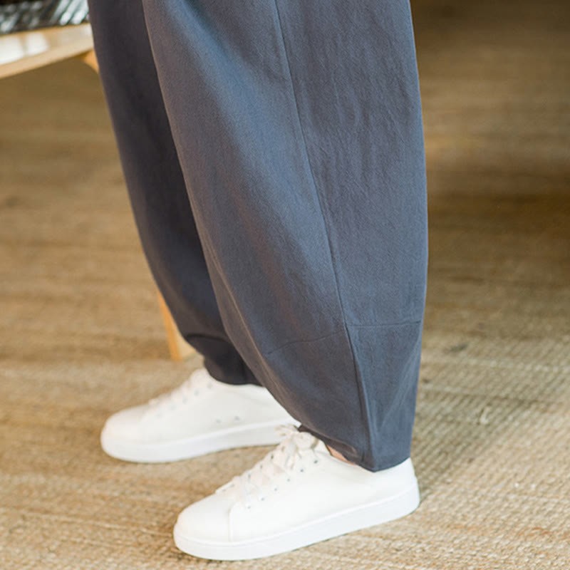 Solid Color Cotton Linen Drawstring Men's Harem Pants With Pockets