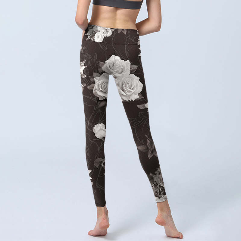 Gray White Rose Print Gym Fitness Leggings Women's Yoga Pants