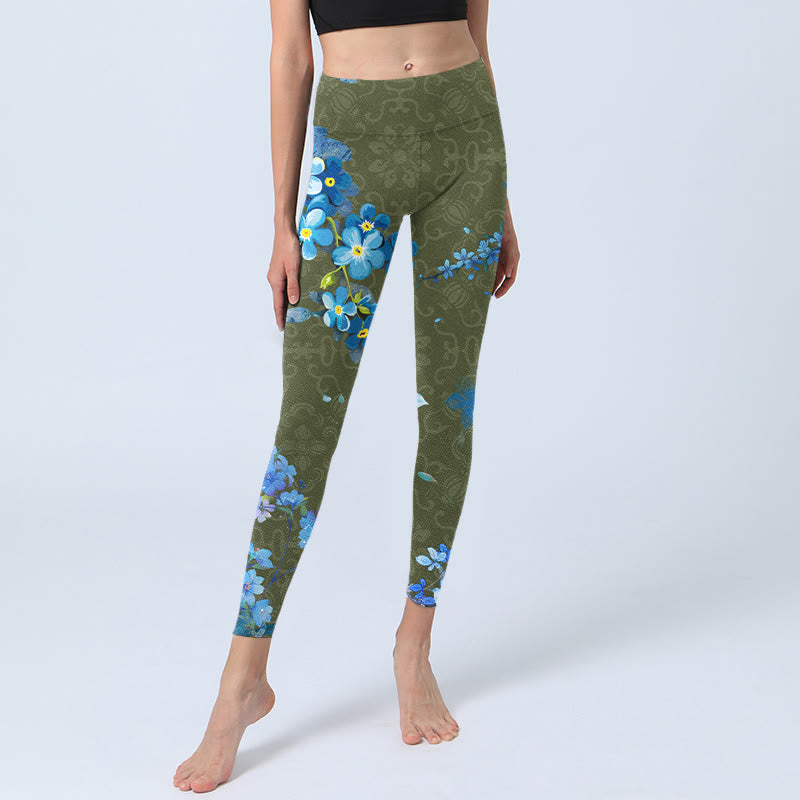 Blue Flowers Butterflies Print Gym Leggings Women's Yoga Pants