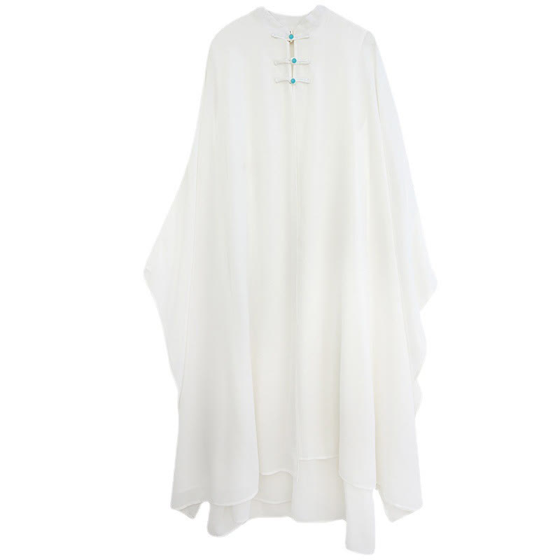 2Pcs Frog-Button Long Sleeve Midi Dress Wide Leg Pants Chiffon Zen Women's Set
