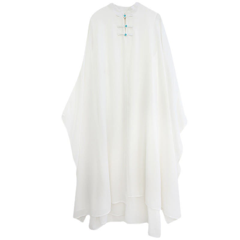 2Pcs Frog-Button Long Sleeve Midi Dress Wide Leg Pants Chiffon Zen Women's Set