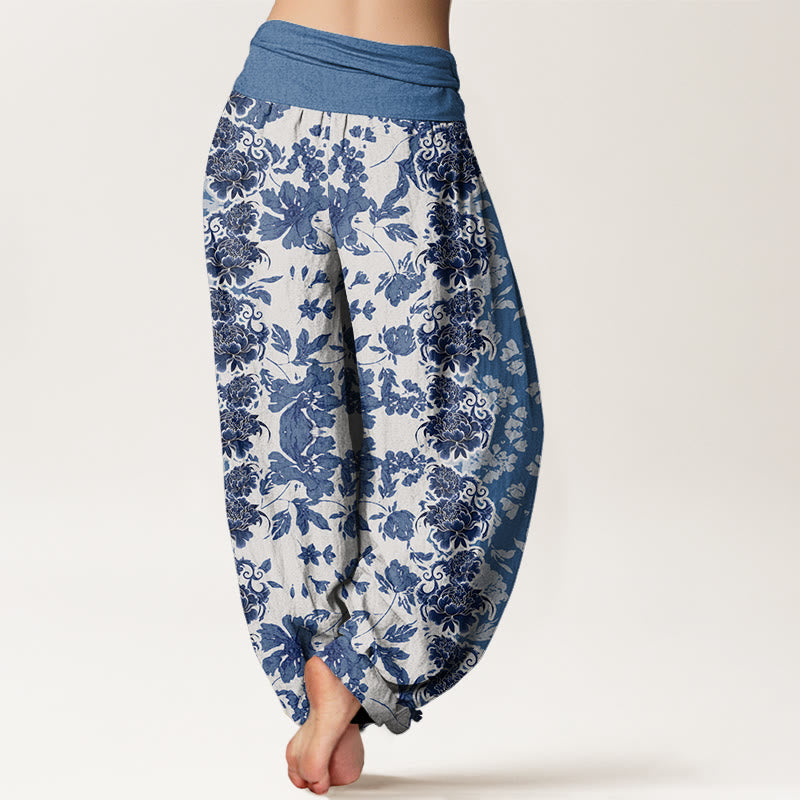 Peony Totem Pattern Women's Elastic Waist Harem Pants