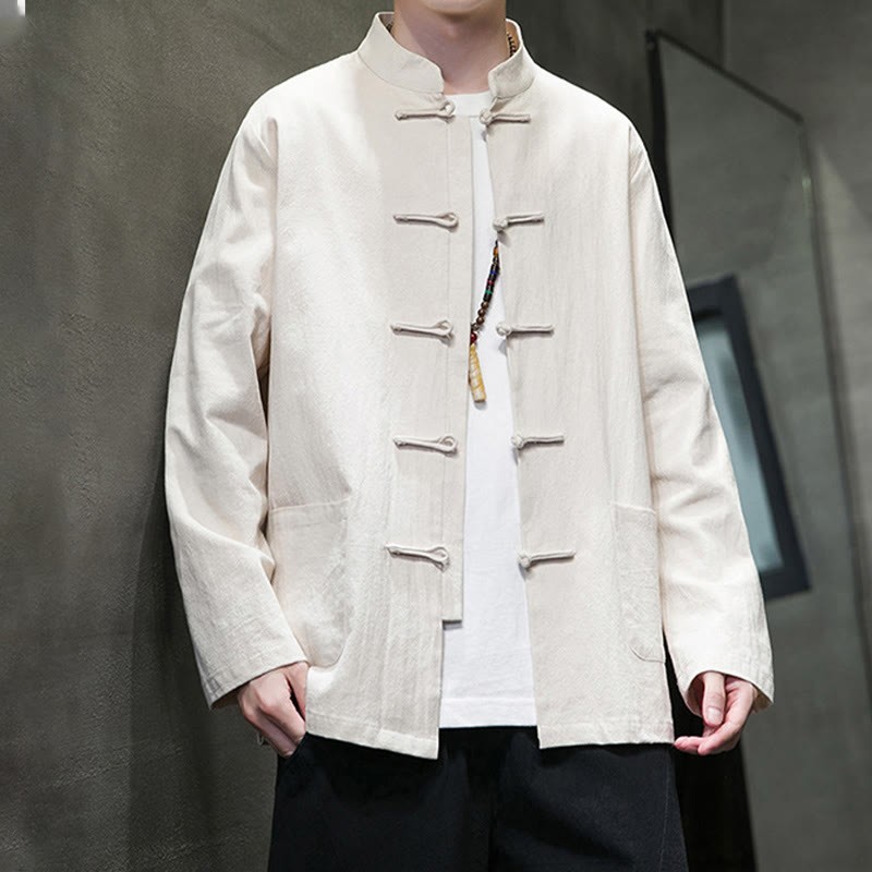 Solid Color Frog-button Tang Suit Cotton Linen Men's Jacket Shirt With Pockets