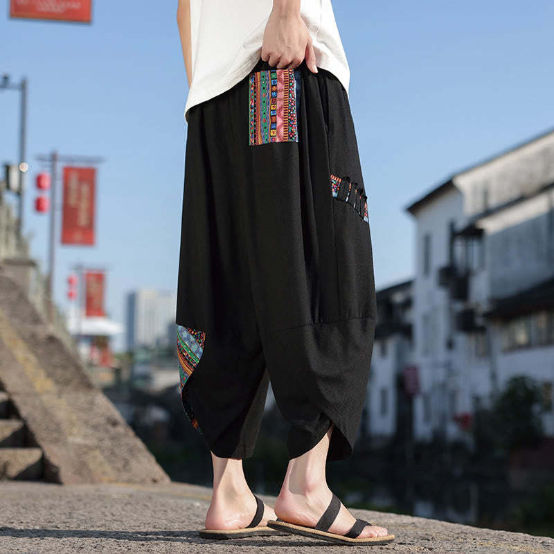 Bohemian Patchwork Pattern Cotton Drawstring Men's Wide Leg Pants With Pockets