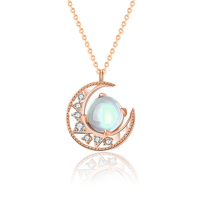 925 Sterling Silver Moonstone Moon Pattern Love Necklace Pendant